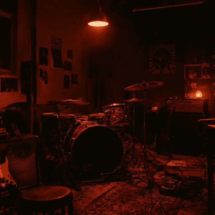 Sala de ensaio da banda com guitarra, bateria e teclado, iluminada por uma luz baixa e quente